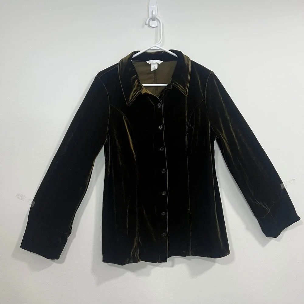 H&M Womens Olive Green Velvet Button Down Shirt Long Sleeve Blouse Size Large - Picture 2 of 11